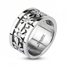 Bague femme acier ajour�e � fleurs serties