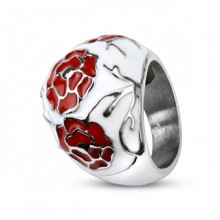 Bague femme acier blanche � roses rouges