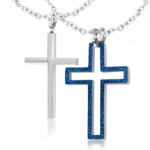 Paire de pendentifs croix argent�e et croix bleue sabl�e