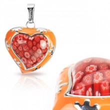 Pendentif acier et verre style murano coeur rouge fleuri