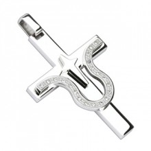Pendentif femme acier croix � courbure sertie et �toile polaire