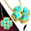Collier femme acier dor� � tr�fle de turquoises en coeurs