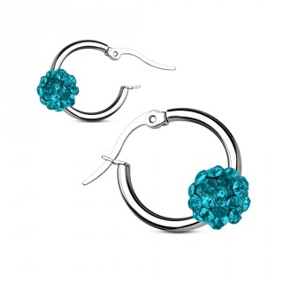 Anneaux d'oreilles � boule shamballa bleu aqua