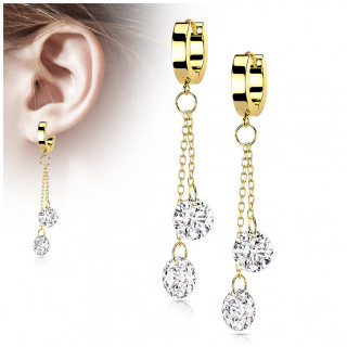Anneaux d'oreilles cr�oles � chainettes et zirconiums en acier Dor�