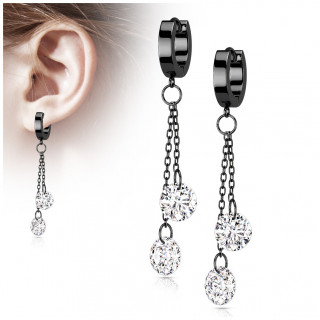 Anneaux d'oreilles cr�oles � chainettes et zirconiums en acier Noir