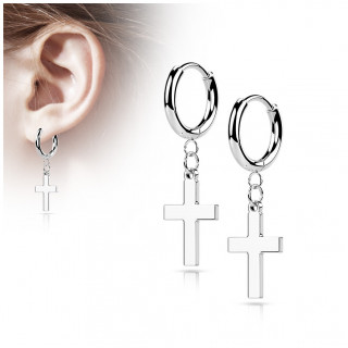 Anneaux d'oreilles en acier Argent� � croix latine suspendue (paire)