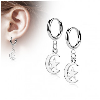 Anneaux d'oreilles en acier Argent� � lune �toil�e suspendue (paire)