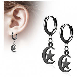 Anneaux d'oreilles en acier Noir � lune �toil�e suspendue (paire)
