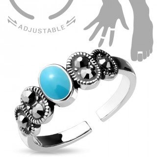 Bague ajustable � turquoise et strass noirs cercl�s