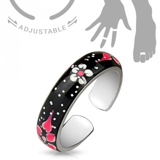 Bague ajustable �maill�e noir � fleurs