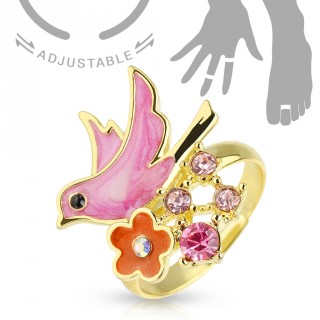 Bague ajustable pour orteil ou doigt en laiton dor� avec oiseau et fleur