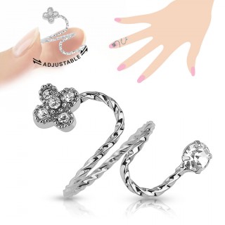 Bague d'ongle en laiton rhodi� avec fleur de strass