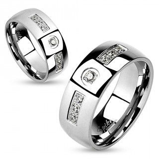 Bague de couple en acier � strass central et trios lat�raux