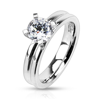 Bague femme acier � anneaux accol�s et pierre ronde