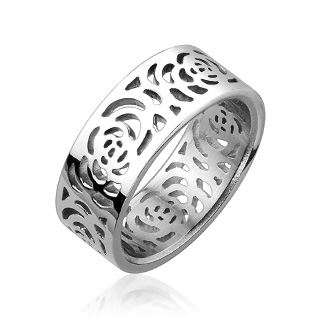 Bague femme acier � bandeau ajour� fleuri