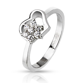 Bague femme acier � coeur ajour� et fleur de pierres