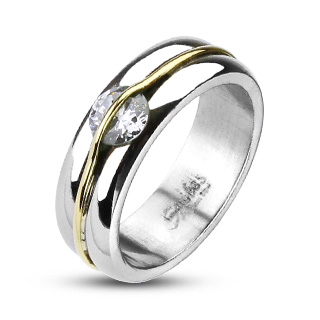 Bague femme acier � ligne dor�e sur pierre claire