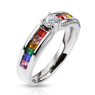 Bague femme acier � lignes de pierres multi-colores