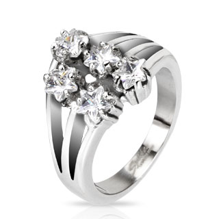 Bague femme acier � rainures et cinq pierres en �toiles
