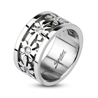 Bague femme acier ajour�e � fleurs serties
