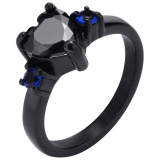 Bague femme acier � coeur zirconium noir bord� de zirconiums bleus