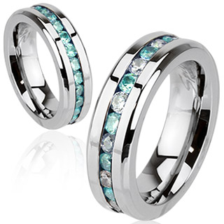 Bague femme acier pav�e de pierres claires et aqua