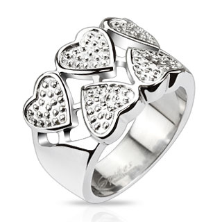 Bague femme acier quintet de coeurs pav�s de pierres