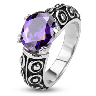 Bague femme acier style antique � pierre violette