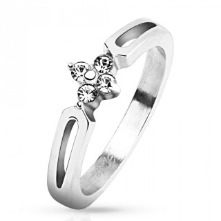 Bague femme ajour�e en acier avec fleur de pierres
