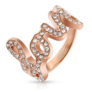 Bague femme cuivr� en acier � monogramme "love" pav� de pierres