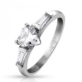 Bague femme en acier � coeur et barettes en zirconium
