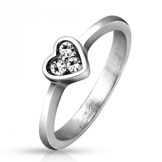 Bague femme en acier � coeur renfermant un trio de strass