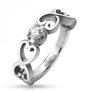 Bague femme en acier � couples de coeurs vintages et zirconium