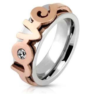 Bague femme en acier  avec "love" cuivr� en relief