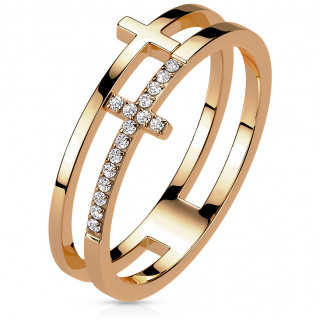 Bague femme en acier cuivr� � double croix dont une pav�e de zirconiums