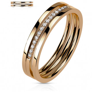 Bague femme en acier cuivr� � triple ligne dont une pav�e de zirconiums