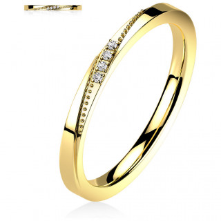 Bague femme en acier dor� � ligne inclin�e sertie