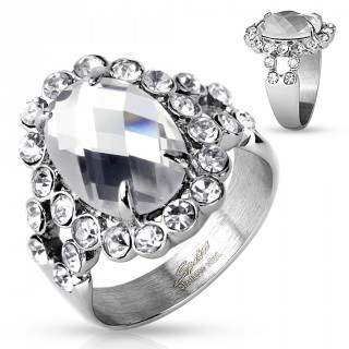 Bague femme en acier � pierre ovale claire bord�e de strass