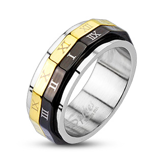 Bague mixte acier polygones noir et dor� � chiffres romains