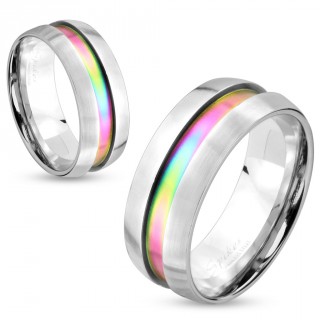 Bague mixte en acier argent� avec rainure arc en ciel