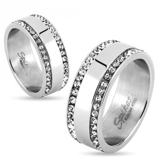 Bague mixte en acier � bordures cercl�es de pierres