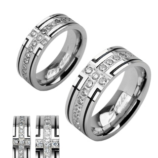 Bague mixte en acier cercl�e d'une croix de pierres claires