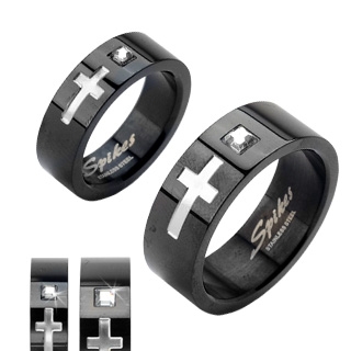 Bague mixte noire en acier avec croix et pierre carr�e