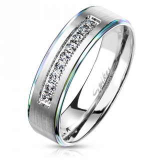 Bague mixte acier � bandeau bross� serti et bords arc en ciel