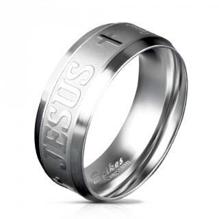 Bague mixte acier � croix et "JESUS" grav�s