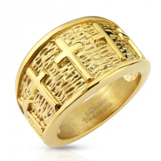 Bague mixte dor�e en acier avec pourtour de croix