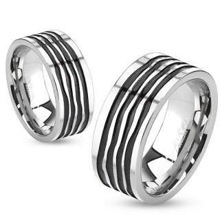 Bague mixte en acier � quatre rainures ondulantes noires