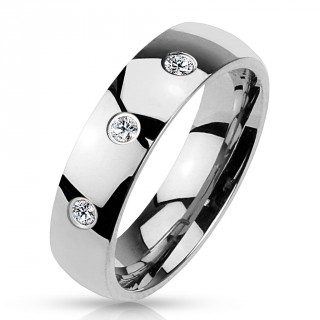 Bague mixte en acier argent� avec trio de pierres