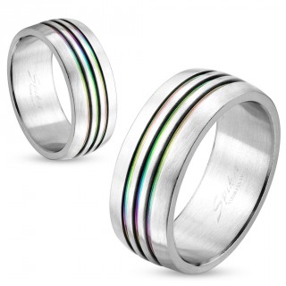 Bague mixte en acier argent� avec trio de rainures arc en ciel