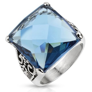 Bague mixte en acier avec feuilles grav�es et pierre bleue